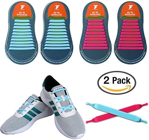 No Tie Shoelaces for Kids and Adults, YUANFENG Tieless Elastic Silicone Waterproof Flat Athletic Running Shoe Laces (Adult Size-Sky Blue+Pink)