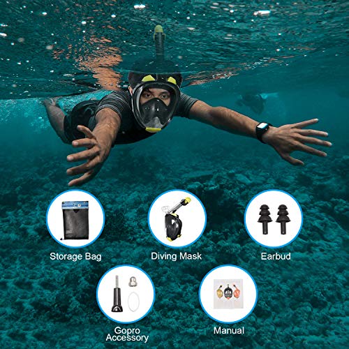 Full Face Snorkel Mask, 2019 Upgraded Snorkeling Mask with Newest Breathing and Dry Top System, Foldable 180 Degree View Dive Mask with Camera Mount and Earplug, Anti-Leak Anti-Fog for Adults Kids