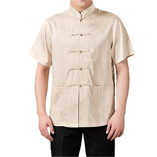 FangNer Men's Chinese Tang Suit Linen Short Sleeve Button Shirt