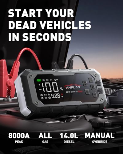 ANFLAG 10-in-1 Car Jump Starter with Air Compressor, 8000A 160PSI Jump Starter Jump Box(All Gas/14L Diesel), PD65W Charging Battery Jumper Starter Portable Jumper Cable with 160W DC, Gloves, Lights