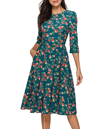 Simple Flavor Women's Floral Vintage Dress Elegant Midi Evening Dress 3/4 Sleeves (XH0360Green, Large)