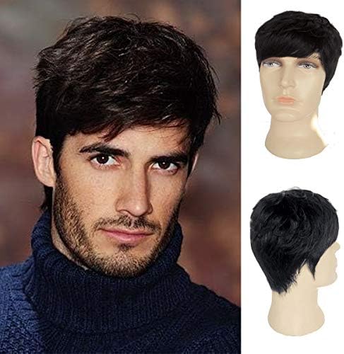 Yrenrea Fashion Men's Short Wig Real Natural Human Hair None Lace Full Wig Natural Black Color