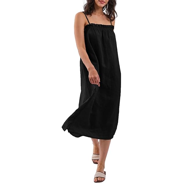 Amazon.com: Amazhiyu Women's Pure Linen Summer Sleeveless Strap Midi Dresses  with Pockets Black, Medium : Clothing, Shoes & Jewelry