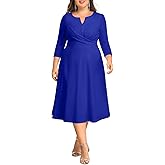 Plus Size Wedding Guest Dress - Church Midi Fall Semi Formal 3/4 Sleeve V Neck A-line Dress for Women 2025