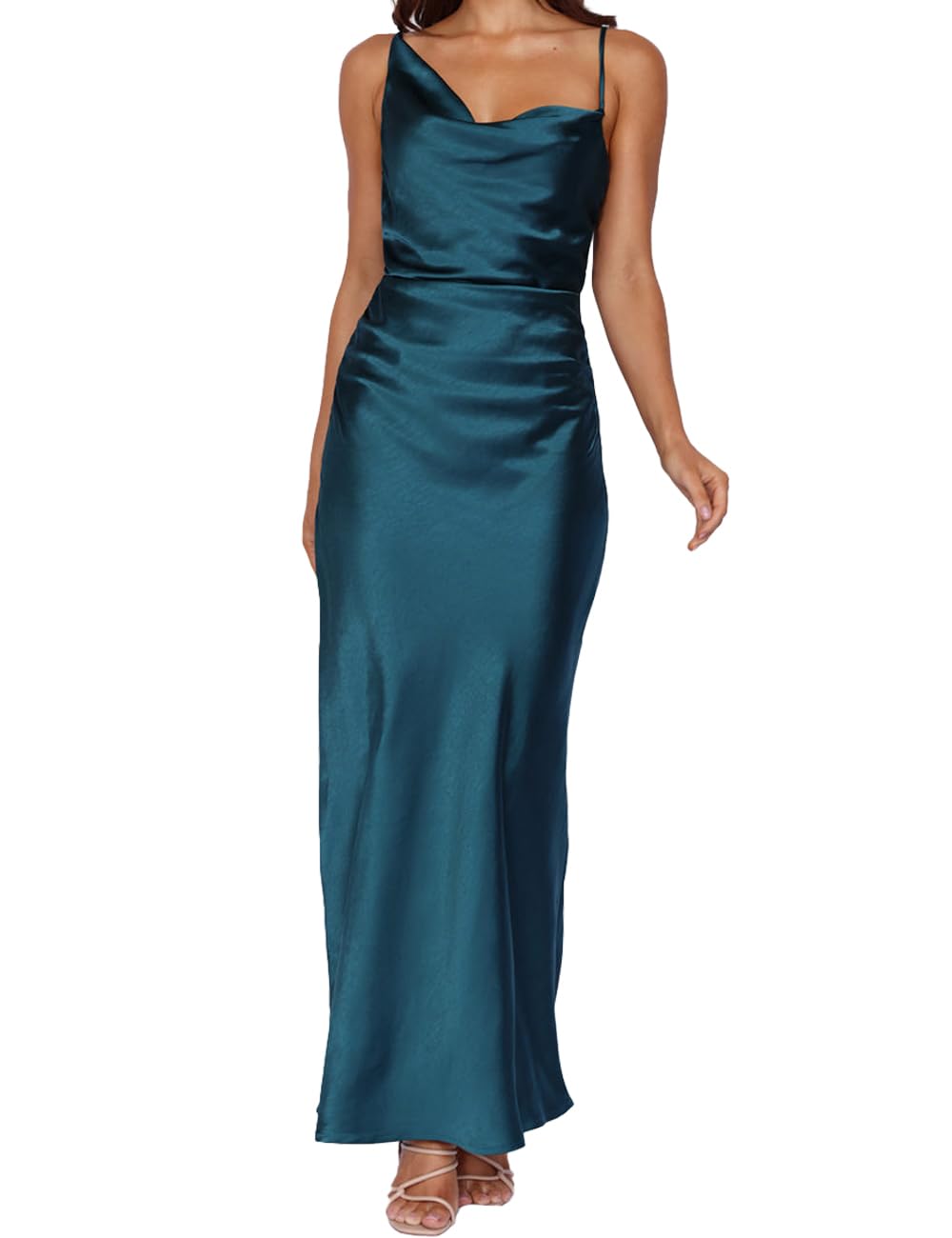 Photo 1 of Summer Satin Maxi Dresses for Women 2025 Cowl Neck Ruched Silk Formal Wedding Guest Bridesmaid Slip Dress with Slit Teal