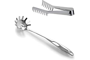 HornTide Stainless Steel Pasta Server Set, 1x 8-inch Serving Tongs & 1x 12-inch Spaghetti Claw, Teethed Ends Design Kitchen T