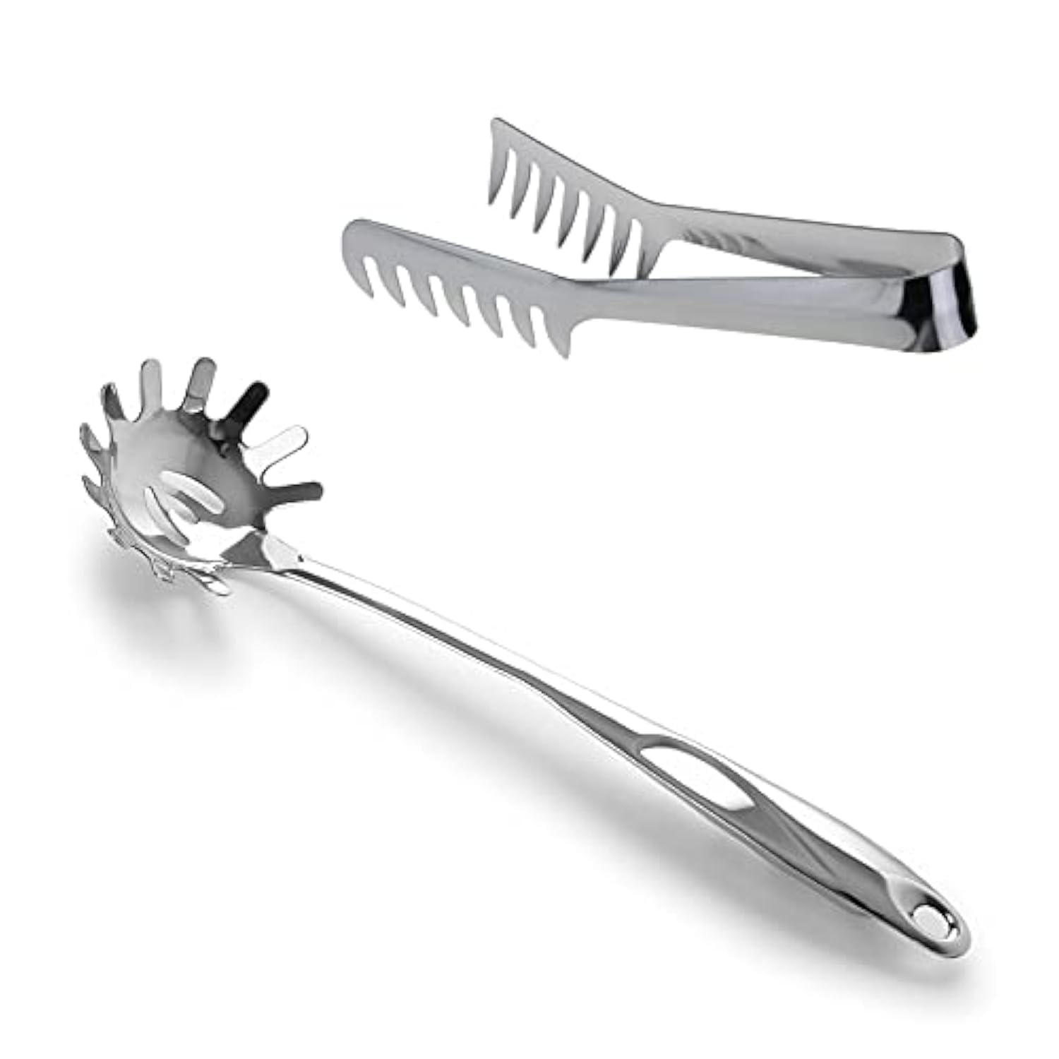 HornTide Stainless Steel Pasta Server Set, 1x 8-inch Serving Tongs & 1x 12-inch Spaghetti Claw, Teethed Ends Design Kitchen Tools