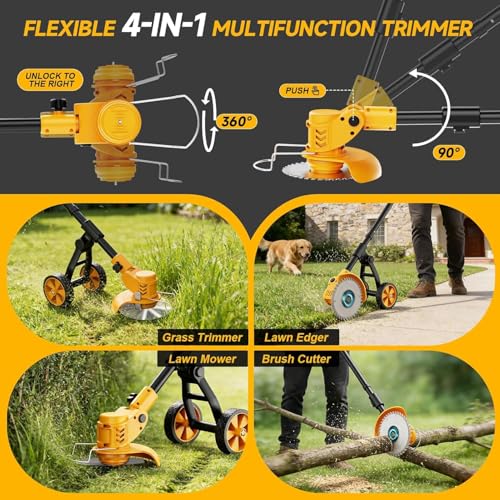 Electric Weed Wacker Cordless with Wheels,Electric Weed Eater Battery Powered 4000mAh,4 in 1 Grass Trimmer/Brush Cutter/Grass Edger/Lawn Mower,No String Trimmer with Blade,2 Battery