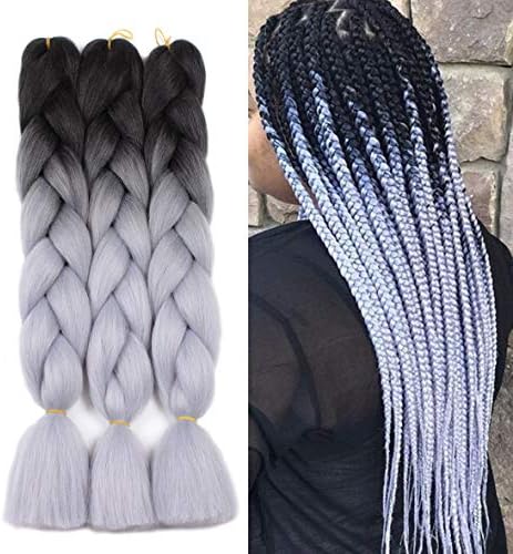 24 Inch Jumbo Braiding Hair Black to Grey Ombre Jumbo Braid Hair Extension Synthetic Soft Healthy Crochet Hair 3 Pcs/lot