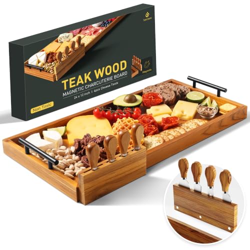 Socisen Teak 24 in Large Charcuterie Board with 4-Piece Cheese Knife Set