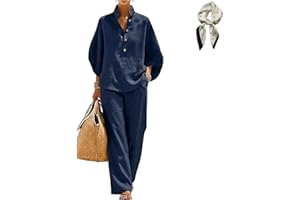 Women's Batwing Sleeve Linen Cotton Two Piece Set Casual Shirt & Wide Leg Pants Loose Fit Lightweight Summer Travel Outfit