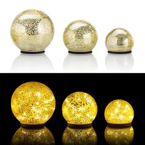 Online-Fuchs 3er Set Glaskugeln mit LED Lichterkette inkl. Timer - In und Outdoor geeignet - Deko Kugeln in Bruchglasoptik - 