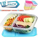 Meal Prep Containers 2 Compartment Lunch Boxes Food Storage Container with Lids,BPA Free Plastic Bento Box Set of 12,Portion Control Divided Cover,Reusable,Microwave Dishwasher Freezer Safe