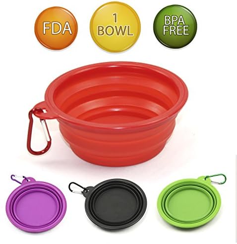 Silicone Dog Bowl Collapsible Pet Travel Cup Food Grade FREE Carabiner Durable Food &amp; Water Outdoor Dish BPA Free FDA Approved 5.1x2.1x3.5 inch 1 bowl 4 colors Red