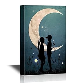 Canvas Wall Art - Love - Romantic Silhouette of Boy and Girl Under The Crescent - Gallery Wrap Modern Home Art | Ready to Hang - 12x18 inches