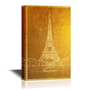 Golden Color Landmark Canvas Wall Art - Eiffel Tower in Paris - Gallery Wrap Modern Home Art | Ready to Hang - 12x18 inches