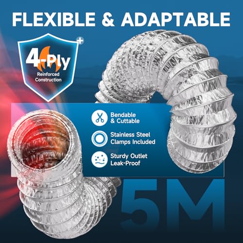 Hon&Guan 150 mm x 5 m Flexible de Salida Hose, 4 Layers Heat Resistant Flexible Aluminium Tube with 2 Abrazaderas Maple for Kitchen Extractor Hood, Aire Acondicionado, Secadora, Black