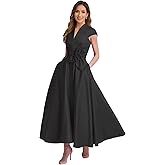 Tea Length Satin Mother of The Bride Dresses for Women A Line V Neck Cap Sleeve Formal Evening Party Gowns