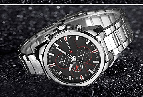 Curren 8274 - Reloj de Cuarzo para Hombre con Esfera analógica de Zona horaria y Correa de Acero Plateado, Esfera Negra - Imagen 3