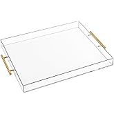 Large Clear Acrylic Serving Tray (16×18 Inches) with Gold Handles Spill Proof Acrylic Decorative Tray Organiser for Ottoman Coffee Table Countertop