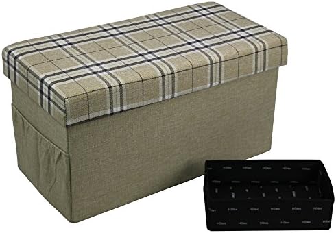 HStex Storage Ottoman Foldable Bench With Wooden Tray,Linen Fabric,Beige,30"×15"×15
