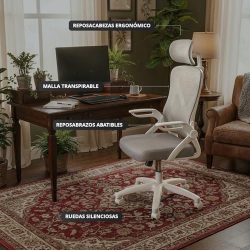 DRAIR35 – Cadeira ergonómica de escritório e secretária em casa com malha elástica respirável, reclinável a 90-120°, apoio de cabeça e braços dobráveis, suporta até 120 kg, cinzento-branco