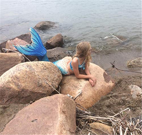 Kids Girls Sparkle Mermaid Tail with Monofin Swimmable Swimwear 4pcs Sets for Kids 3~10Years (120 (6-8 Years), Diamond Blue)