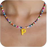 JASZTHES Initial Necklace for Women, Cute Colorful Beaded Necklaces, Gold Bubble Letter Choker Necklace, Summer Beach Boho Necklaces, Trendy Personalized Valentine's Day Jewelry Gifts
