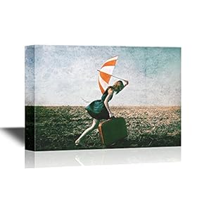 Lonely Girl with Suitcase and Umbrella at Countryside Field