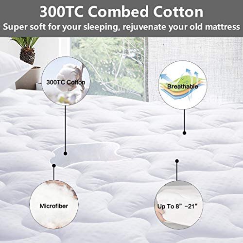 Abakan Mattress Pad Cover Queen Size Cooling Quilted Mattress Topper 300TC 100% Cotton Thick White Bed Topper Down Alternative Fill (8-21" Fitted Deep Pocket)