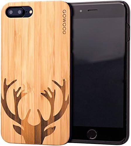 iPhone 7 Plus and 8 Plus Case Wood | Real Bamboo Deer Engraved Wooden Backplate With Polycarbonate Protective Bumper and Shock Absorbing Rubber Coating for Optimal Protection