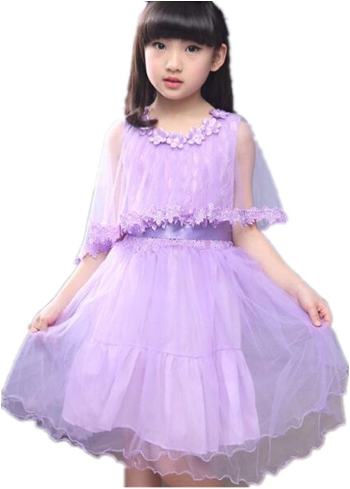 FTSUCQ Big Girls Princess Gauze Cape Lace Dress