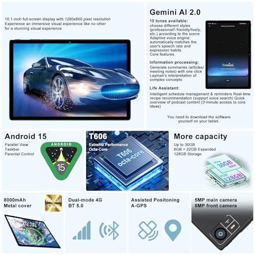 JVVQTB Tablet Android 15 Octa Core 30GB RAM + 128GB ROM (2TB TF) tablets 10 Inch | 5G + 2.4G WiFi | GPS |Widevine L1|Gemini AI|FHD | Bluetooth 5.0 | 8MP + 5MP | Type C, Tablets with a case - Black