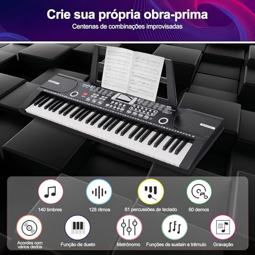 Teclado Musical 61 Teclas Piano Digital Eletrônico com Microfone Alto-falante Integrado Teclado Portátil Iniciante Teclado Musical Profissional