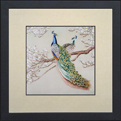 SILK ART Pure Handmade Embroidery Modern Artwork Hanging Wall Decoration Handcraft Ornamental Art Painting New Home Wedding Anniversary Gifts Colorful Peacock framed SKQ004D