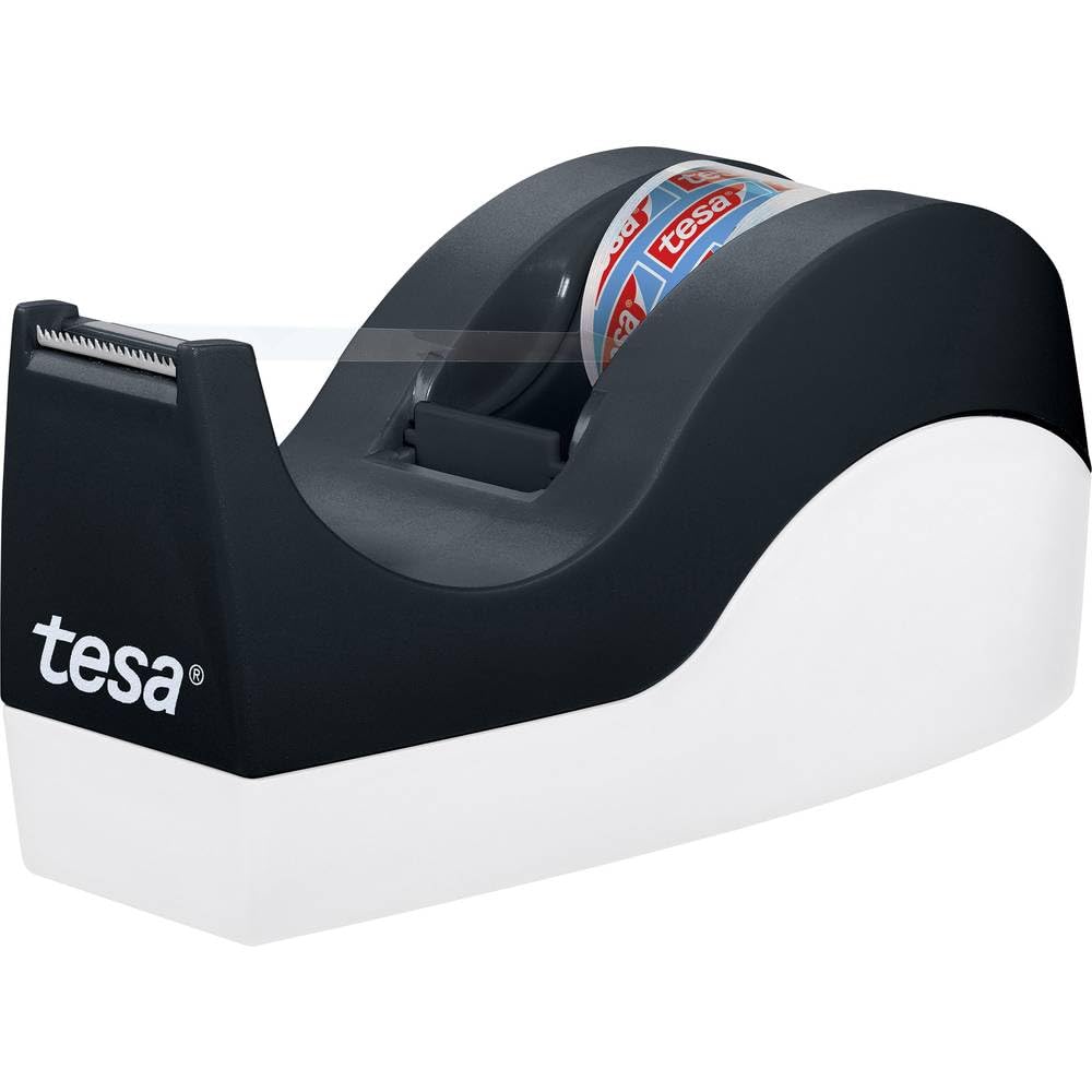 tesa Easy Cut Office Dispenser ORCA - Non-Slip Adhesive Tape Dispenser - Easy Handling, Clean Cut - 1 Rolls tesafilm Crystal Clear 10 m x 19 mm