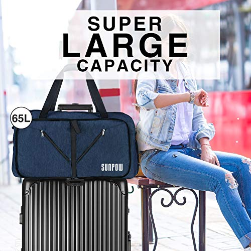 SUNPOW 65L Travel Duffel Bag, Weekender Bag With Shoes Compartment Tear Resistant Foldable Duffle Bag For Men Women Royal Blue