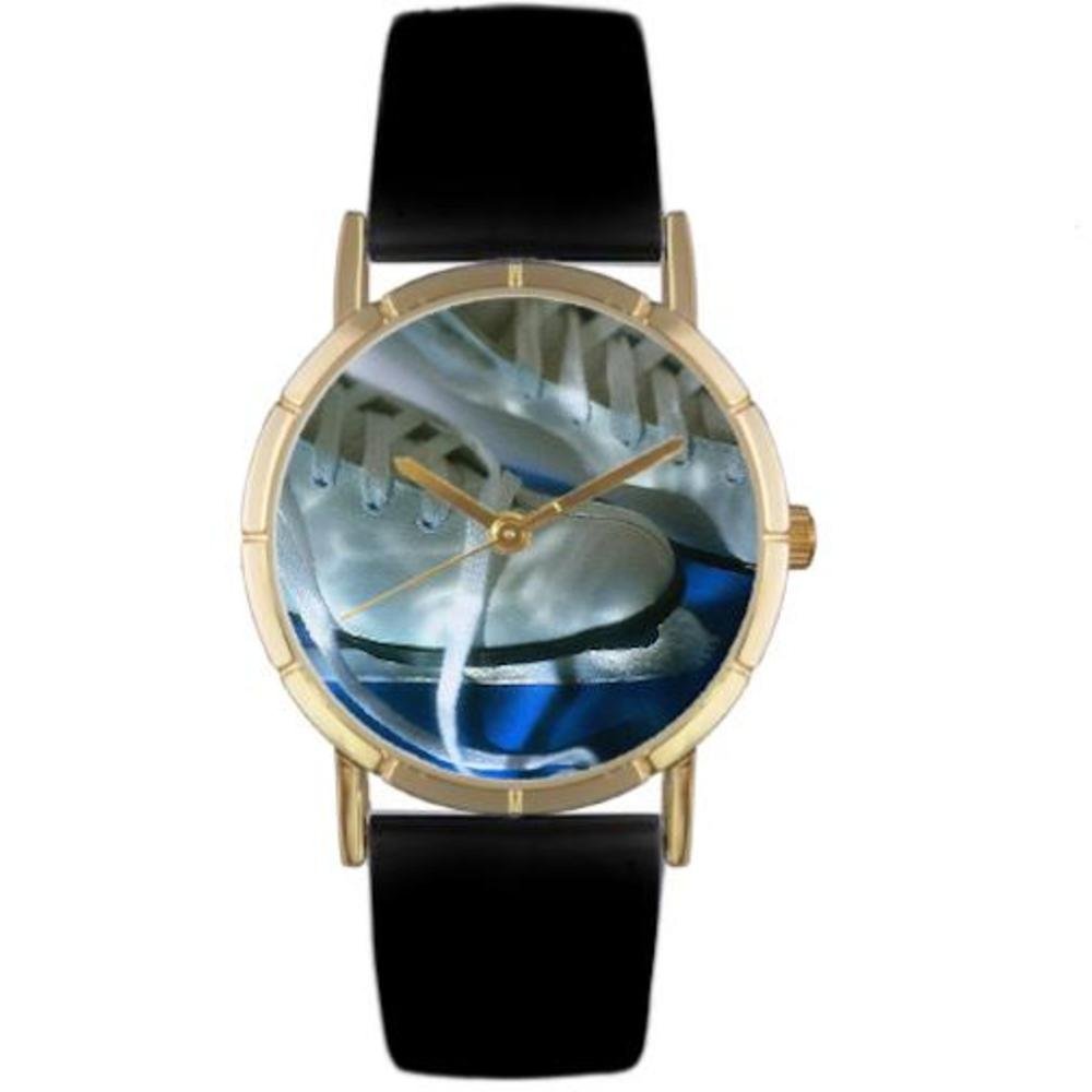 Whimsical Watches Ice Skating Lover Black Leather and Goldtone Photo Unisex Quartz Watch with White Dial Analogue Display and Multicolour Leather Strap P-0840026