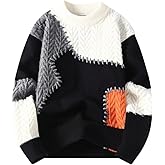 Lunoakvo Men Patchwork Knit Pullovers Casual Colorblock Cable Knitted Thick Warm Loose Sweater Pullover
