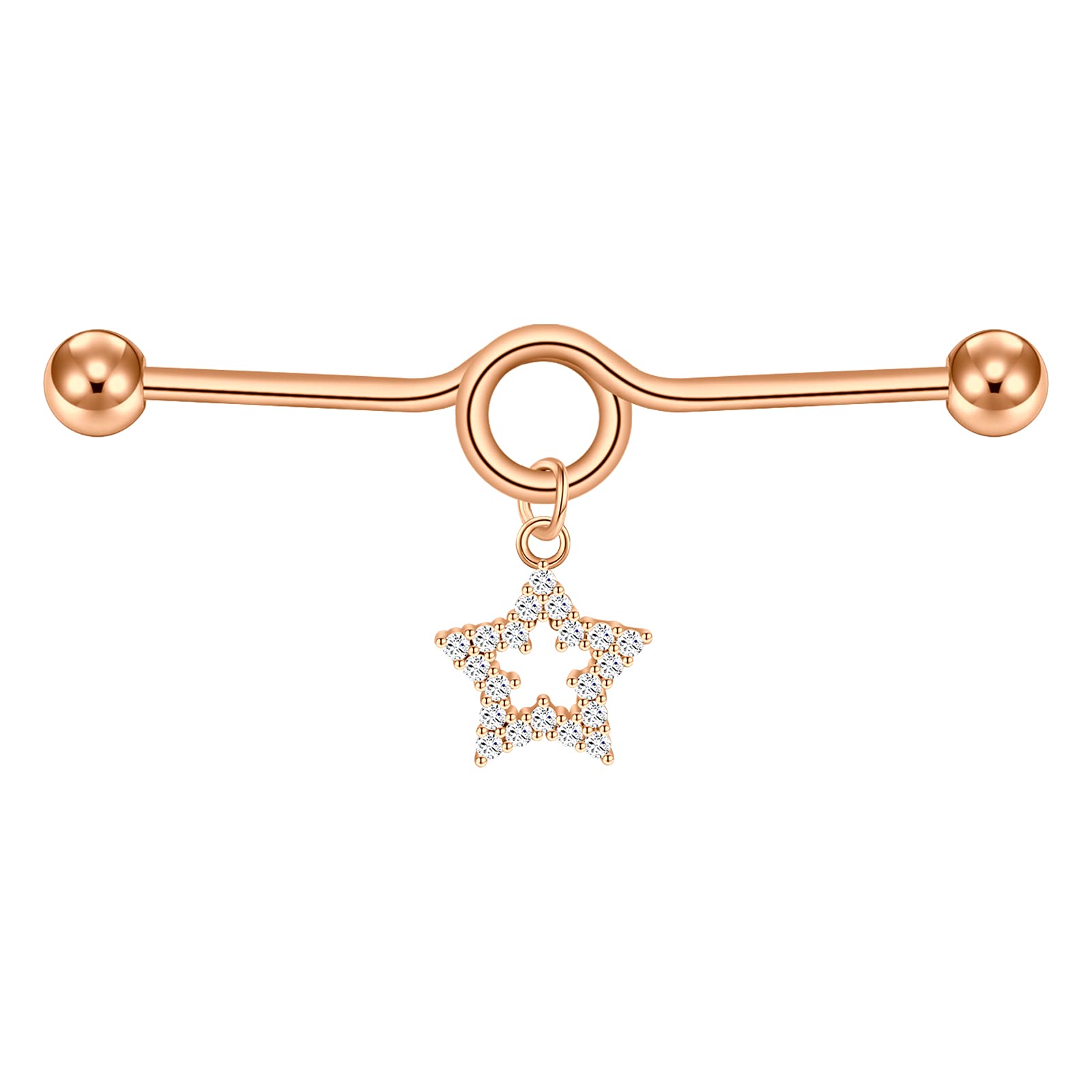 D.Bella Industrial Bar Piercing with Dangling Heart Star 38mm Industrial Barbell Stainless Steel Cartilage Earrings CZ Industrial Piercing Jewellery 1.6mm Scaffold Piercing Bar