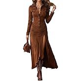 LAOMIT Women's Western Faux Suede Maxi Dress Long Sleeve Ruched Shirt Dress with Slit and High-Low Ruffle Hem for Spring 2026