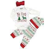 4Pcs My First Christmas Long Sleeve Clothing Toddler Baby Boys Girls Outfits Deer Letter Print Rompers Clothes Set(0-6 Months)