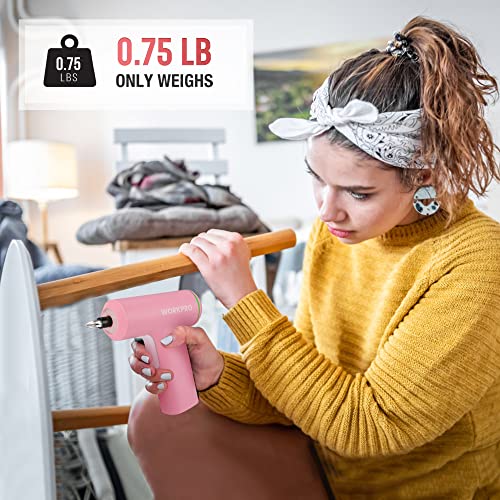 WORKPRO Pink Electric Cordless Screwdriver Set, 3.6V USB Rechargeable Lithium-ion Battery Power Screwdriver Kit with LED Light, 6Nm Torque Screw Gun with 28pcs Accessories for Home, Office Repair