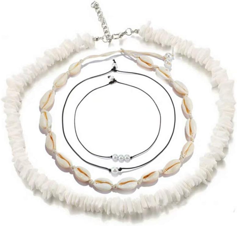 4 Pcs Shell Choker Necklace Seashell Short Hawaiian Summer Beach Bohemia Jewelry Set Cowrie Beads Cord Pearls Pendants for Women Girls Adjustable Necklaces