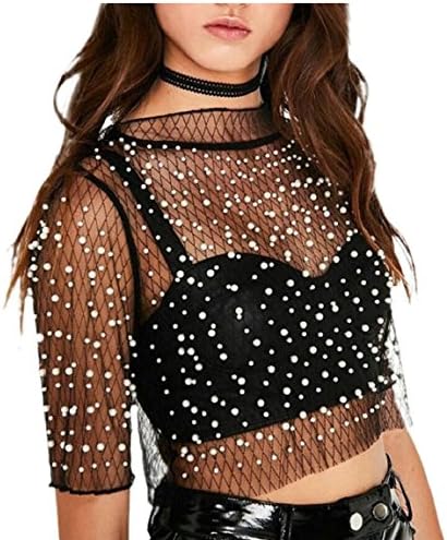 pujingge Womens Sexy Sheer Mesh See Through Short Sleeve Crop Top Tee Black M