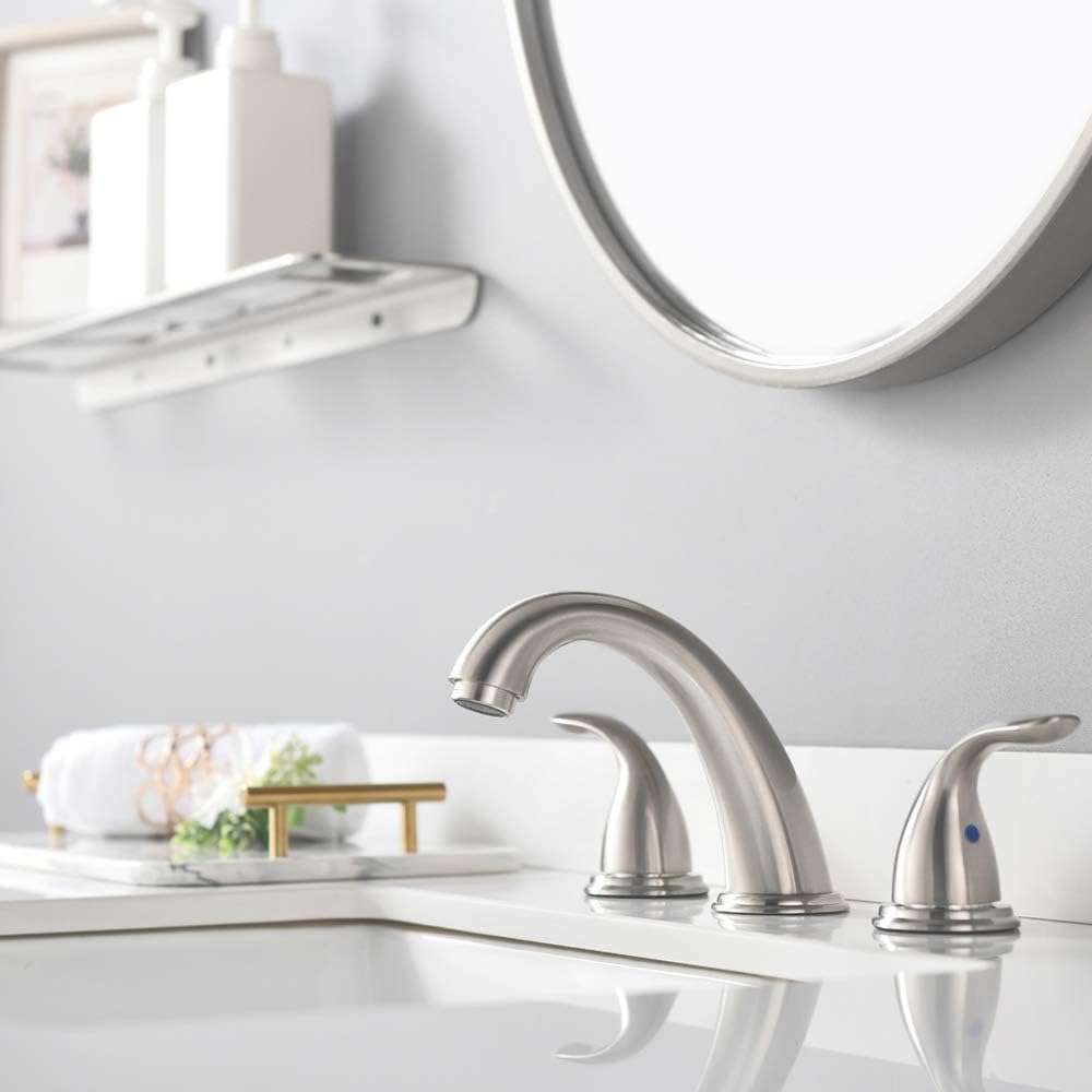 2 Handles 3 Holes Deck Mount Brushed Nickel Widespread Bathroom Faucet by Phiestina, with Stainless Steel Pop Up Drain, WF008-5-BN - - 