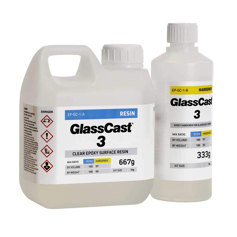 Clear Epoxy UV stable, self-levelling, self-degassing, hard-wearing Glass Cast 3 Resin for Floors, Table & Counter Tops. Kit with gloves (1kg)