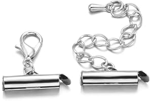 AGCFABS 10set/lot Crimp End Beads Slide End Clasp with Chain Buckles Tubes Slider End Caps Connectors for DIY Jewelry Making Accessories (Rhodium, 25mm x 10set)