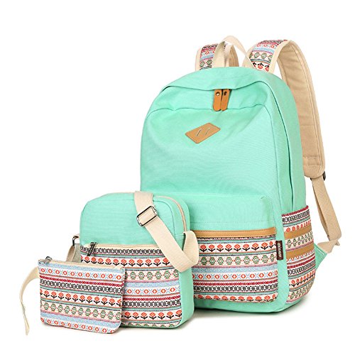 KARRESLY 3Pcs Canvas Laptop Bag Shoulder Daypack School Backpack Causal Handbag Bookbags College Bags for Girls(Green 3Pcs)