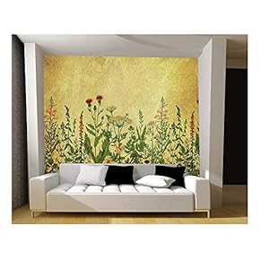 Large Wall Mural - Various Flowers on Golden Textured Background | Self-Adhesive Vinyl Wallpaper/Removable Modern Wall Decor - 66x96 inches